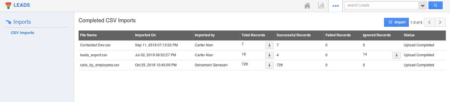 Completed CSV reports page